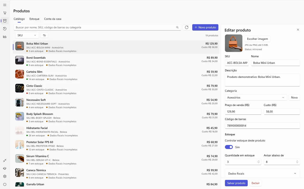 Produtos da loja com foto, SKU, preço, custo e estoque, e uma bolsa aberta no editor com código de barras e aviso de estoque baixo