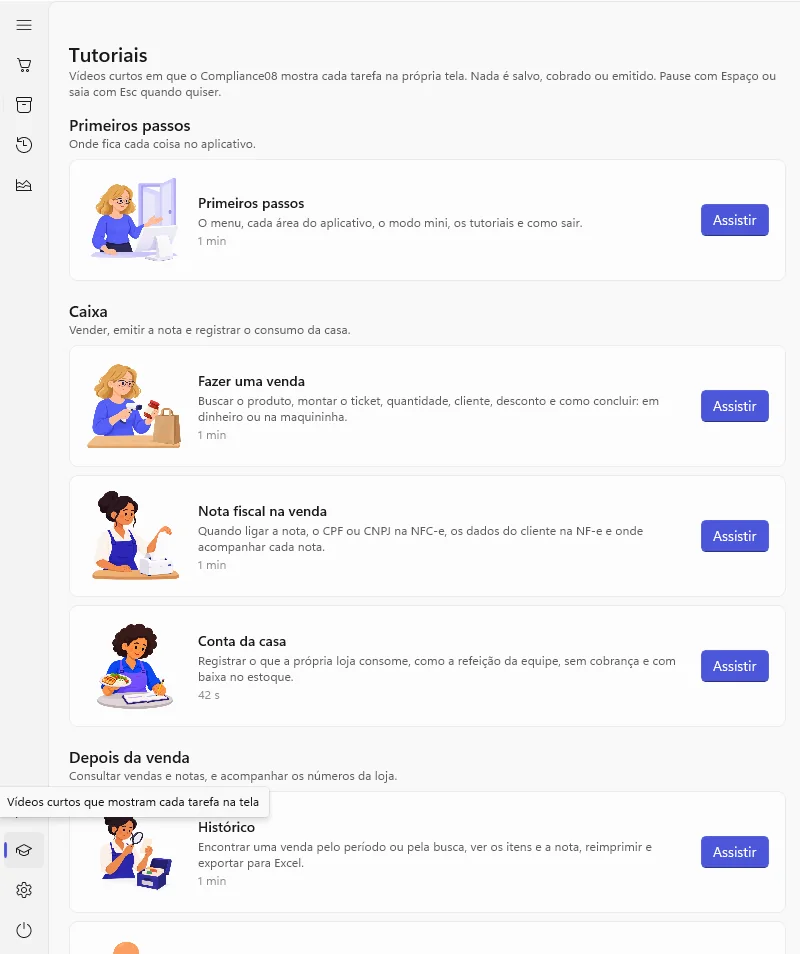 Tutoriais do Compliance08: Primeiros passos, Fazer uma venda, Nota fiscal na venda, Conta da casa e Histórico, cada um com o botão Assistir
