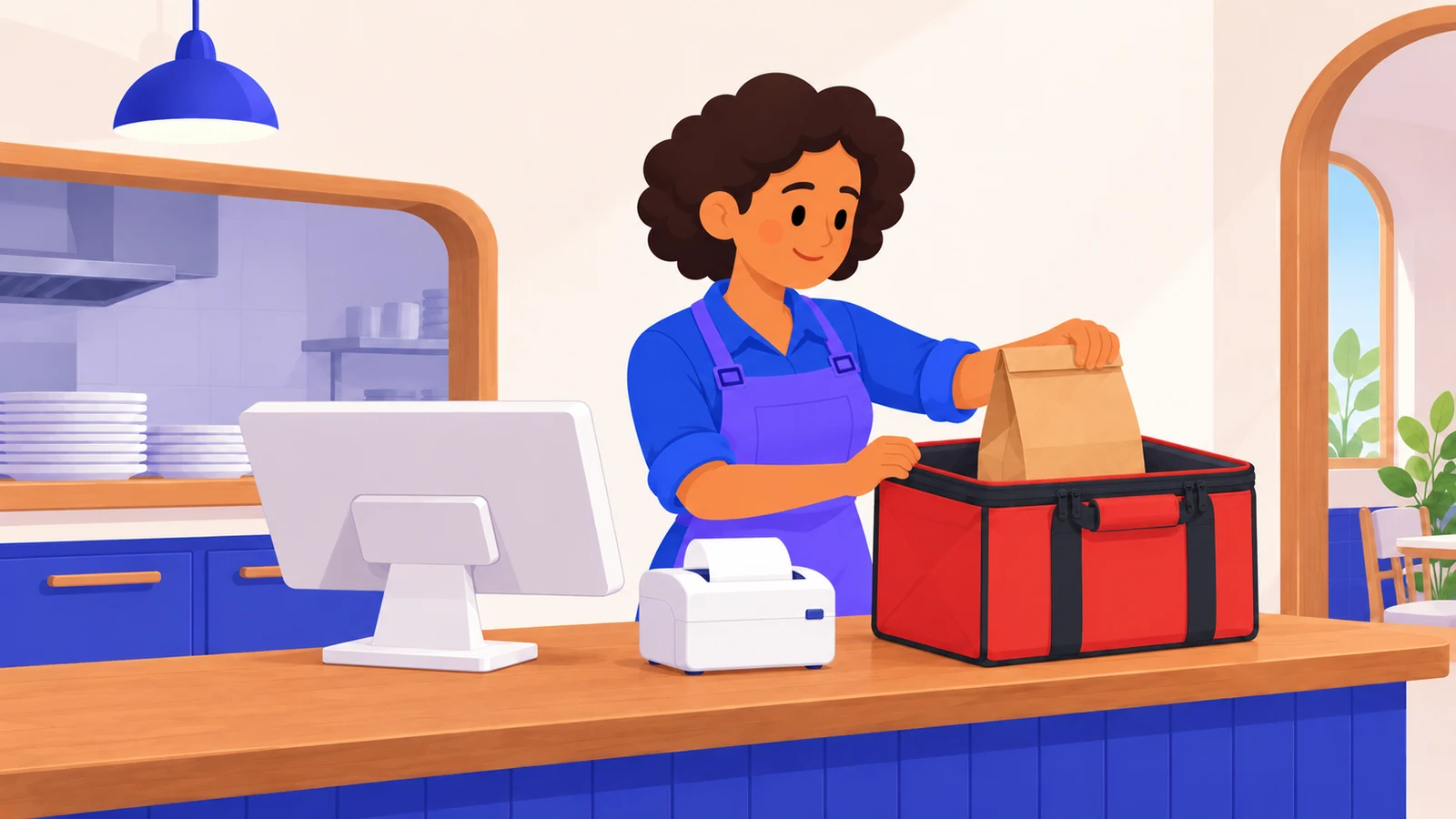 Atendente colocando um pedido na bolsa de delivery ao lado do caixa